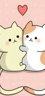 Cute cartoon cats hugging with a heart on a pink background.