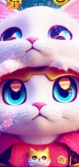 Cute cartoon cats stacked with vibrant colors in a mobile wallpaper.