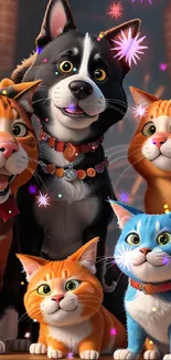 Adorable cartoon cats with vibrant expressions and colorful backgrounds.