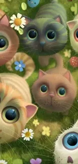 Cute cartoon cats in a colorful garden view.