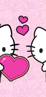 Two cartoon cats with pink hearts on a pastel pink background.