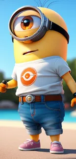 Cute minion character in denim shorts with a sunny backdrop.