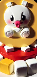 Cute cartoon character cake with bright colors.