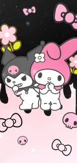 Cartoon duo My Melody and Kuromi with pink and black design wallpaper.