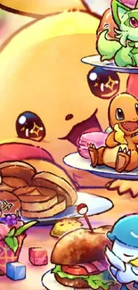 Animated Pokémon enjoying a colorful feast.