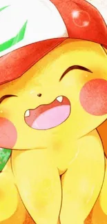 Cheerful Pikachu wearing a cap and smiling brightly.