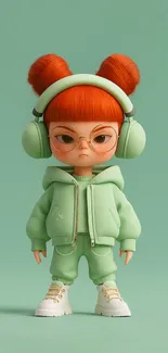 Cute cartoon character with red hair and green outfit.