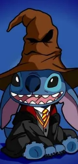 Cute character in a wizard costume on blue background.