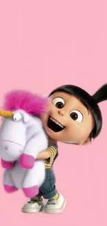 Cartoon character hugging fluffy unicorn on a pink background.