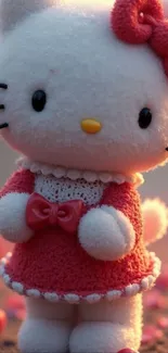 Plush cartoon character wearing a red dress with a pink bow.