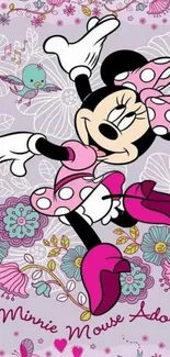 Cute cartoon character with pink and purple floral background.