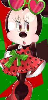 Cartoon character in polka dot dress with green background.