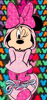 Cute cartoon character in pink attire with colorful background.