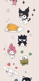 Cute cartoon characters on light peach background in mobile wallpaper.