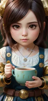 Adorable cartoon girl with a cup, in a medieval blue and gold outfit.