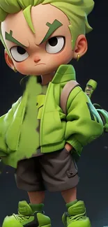 Vibrant cartoon character in green jacket, with a confident stance.