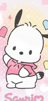 Cute cartoon character with pastel hearts on mobile wallpaper.