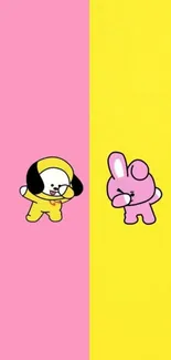 Cute cartoon characters on pink and yellow wallpaper.