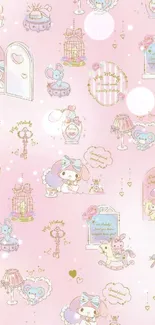 Cute cartoon characters on a pink pastel background wallpaper.