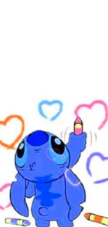 Cute blue cartoon character drawing colorful hearts with crayons.