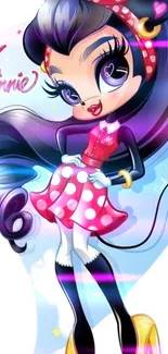 Vibrant cartoon girl with polka-dot dress and colorful style.