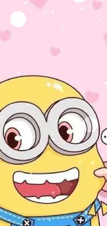 Playful cartoon character with glasses and pink hearts.