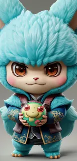 Adorable cartoon character with teal fur holding a small toy.