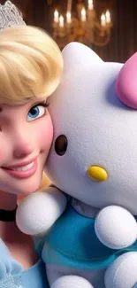 Charming cartoon girl hugging a cute white kitten with a soft color palette.