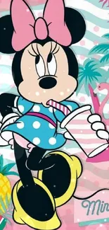 Minnie Mouse on a tropical pink background featuring flamingos and fruits.