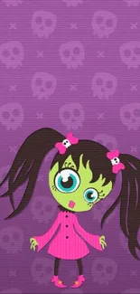 Adorable cartoon character wallpaper with a cute girl and vibrant purple background.