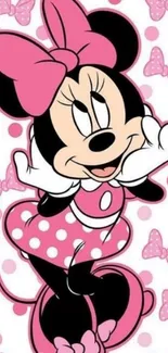 Cartoon character in pink polka dot dress and bow, perfect for phone wallpaper.