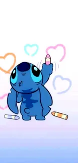 Cute blue cartoon character with crayons and colorful hearts.