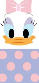 Cute cartoon character wallpaper with pastel purple and pink polka dots.