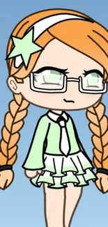 Cute cartoon girl with mint outfit and orange hair on blue background.