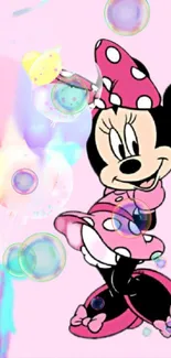 Adorable pink cartoon character with polka dots and bubbles on a phone wallpaper.