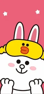 Cartoon bunny with duck cap on pink background.