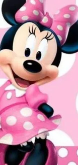 Cute cartoon character with pink outfit and polka dot backdrop.