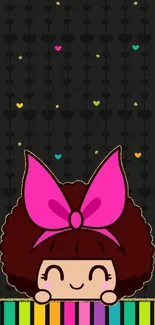 Illustration of a cute cartoon character with a pink bow on a dark background.