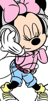 Cartoon character with headphones in cute pink outfit.