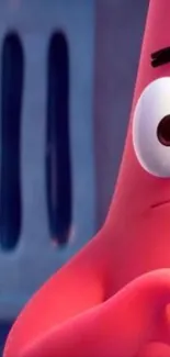 Cute animated character with large eyes on a vibrant pink background.