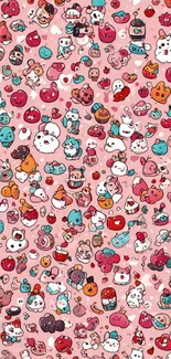 Adorable cartoon figures on pink wallpaper background.