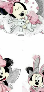 Cute cartoon character wallpaper with pink and silver colors.