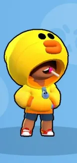 Cute cartoon character in yellow duck hoodie on blue background.