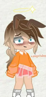 Cute cartoon character with bunny ears in orange sweater.