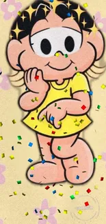 Cute cartoon character with confetti and pastel flowers.