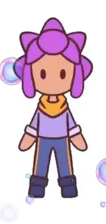 Cute cartoon character with lilac hair and colorful bubbles on a white background.