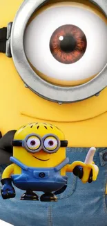 Yellow cartoon character with goggles and denim outfit.