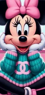 Cute cartoon mouse character with a pink bow and teal outfit.