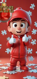 Cute cartoon character in red with puzzle pieces background.