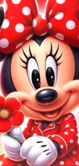 Cartoon mouse with red polka dot bow and flower.